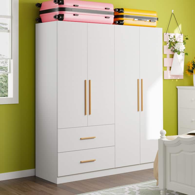 4 Doors Wardrobe Armoire Closet 63" W Bedroom Clothes Storage